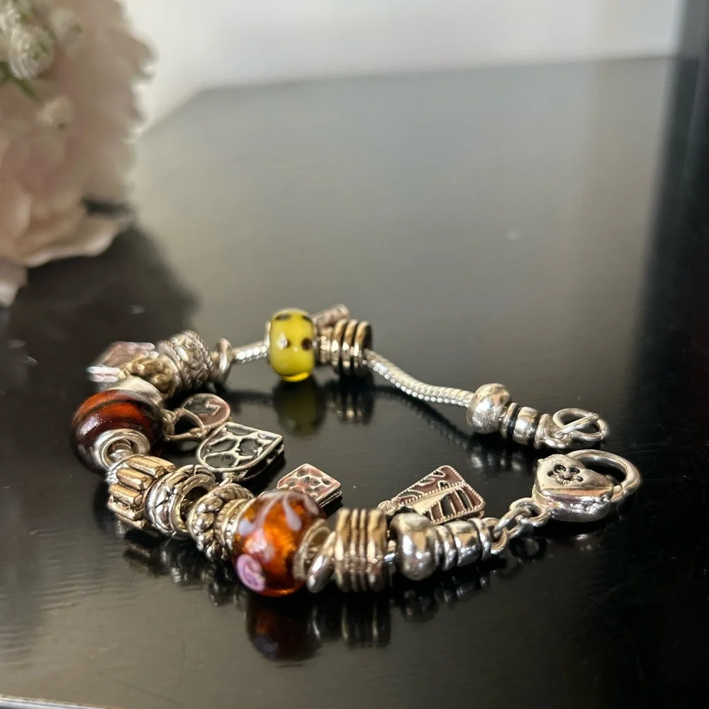 Elegant Silver and Brown Charm Bracelet